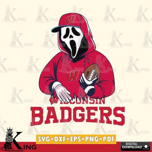 Hand-drawn style art of Wisconsin Badgers Ghostface Scream football player, NCAA, SVG PNG design suitable for Glowforge and laser