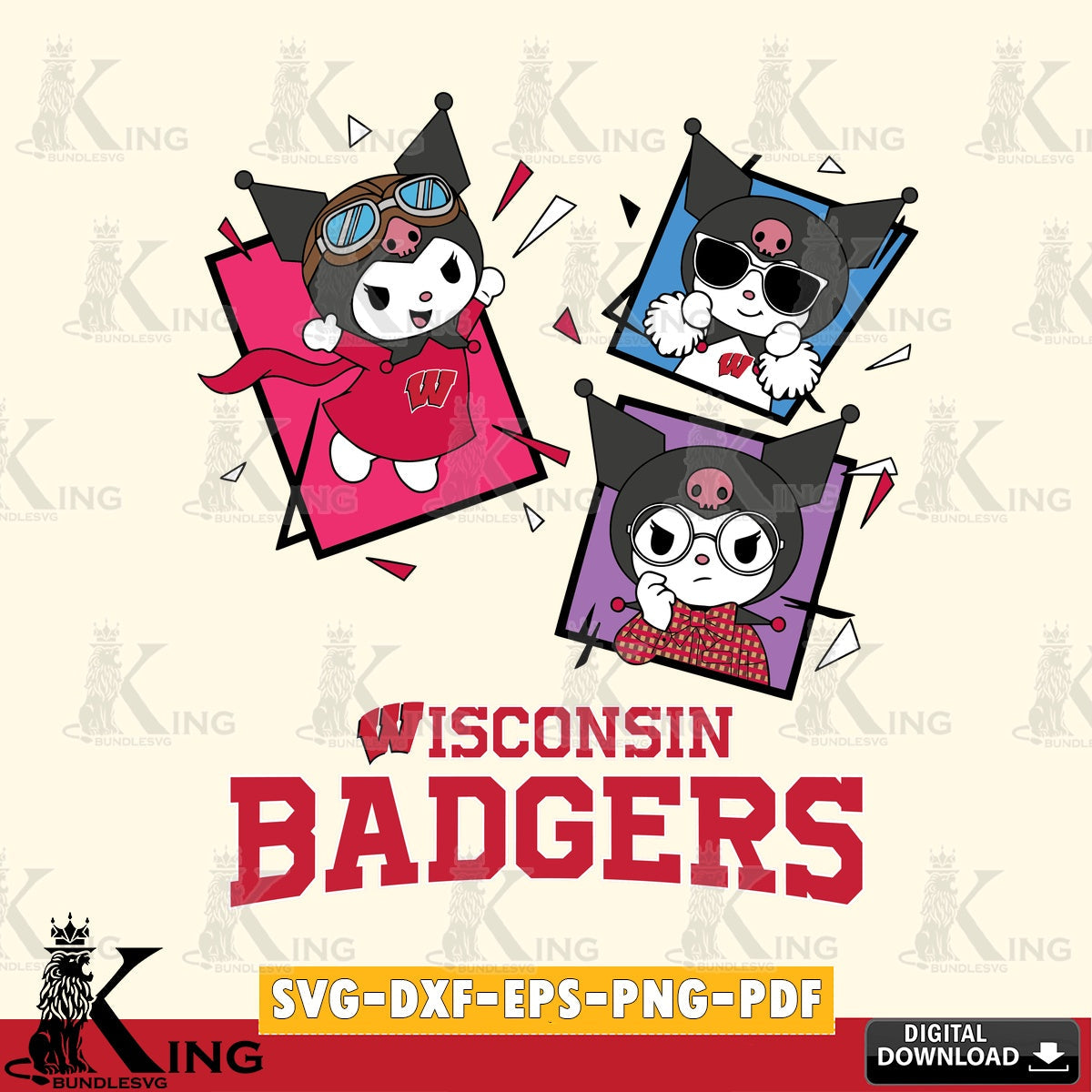Wisconsin Badgers Kuromi Action Football SVG file, Cricut, Cut file  , Digital Download , Instant Download, Sanrio svg, Clipart