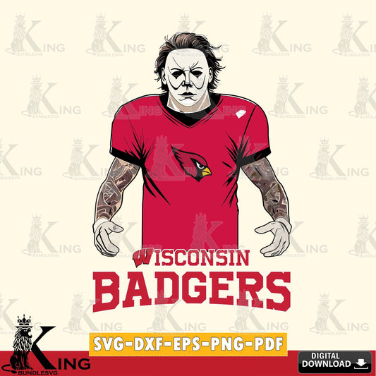 Beautiful illustration of a Wisconsin Badgers Michael Myers tattoo football, printable vector design for sublimation and crafts