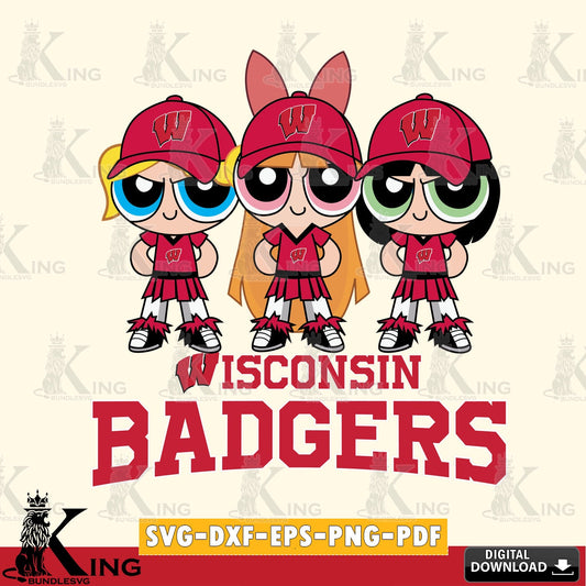 Artistic drawing of Wisconsin Badgers PowerPuff Girls football, digital clipart compatible with laser engraving and cutting
