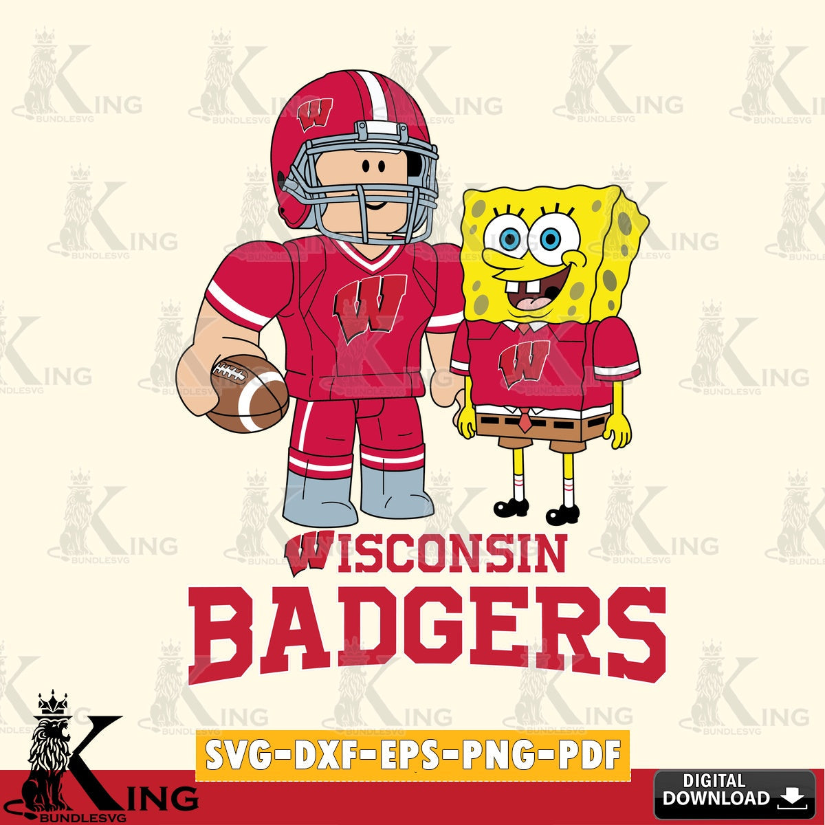 Unique artwork depicting Wisconsin Badgers Roblox & Spongebob Football, NCAA Cricut, high-quality vector for DIY scrapbooking and