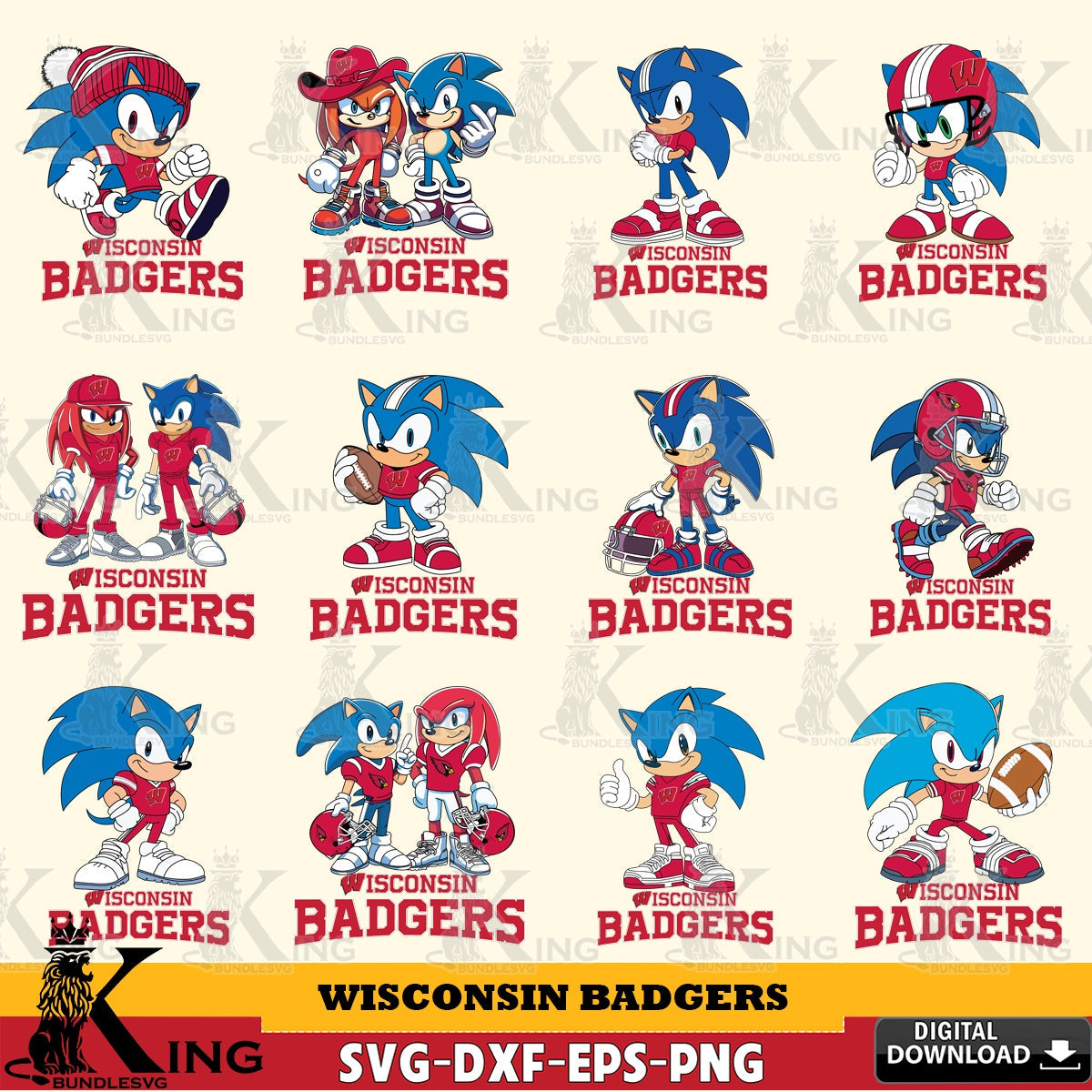 Mega bundle containing Wisconsin Badgers Sonic & Knuckles NCAA Football a cut file ideal for vinyl projects and T-shirt printing