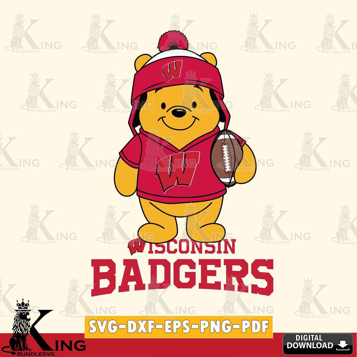 Hand-drawn style art of Wisconsin Badgers Winnie the Pooh football player for Cricut, NCAA SVG cut file for personalized gifts