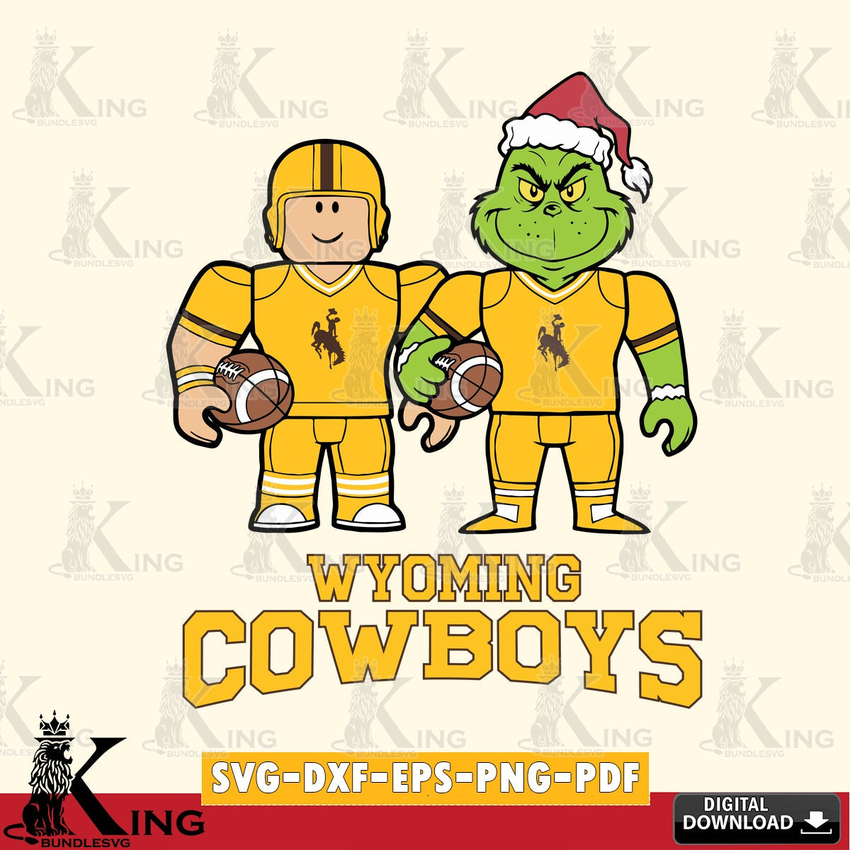 Custom design featuring Wyoming Cowboys Roblox and Grinch football, NCAA Cricut, digital clipart compatible with laser engraving