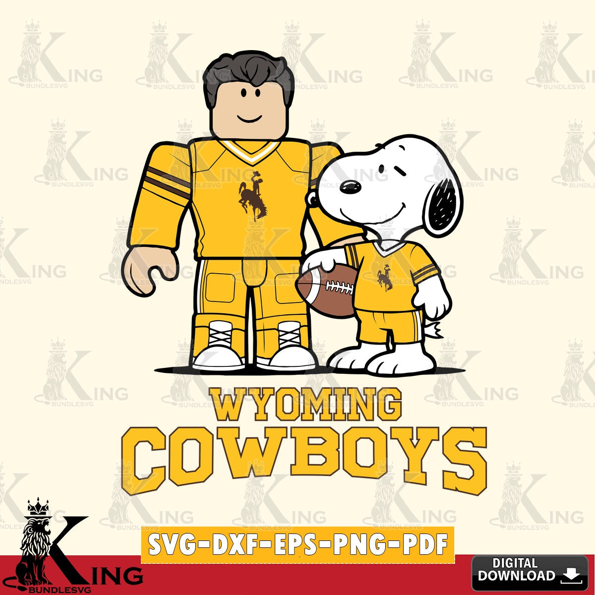 Eye-catching graphic of Wyoming Cowboys Roblox & Snoopy Football, NCAA Cricut crafting file for iron-on transfer and vinyl decals.