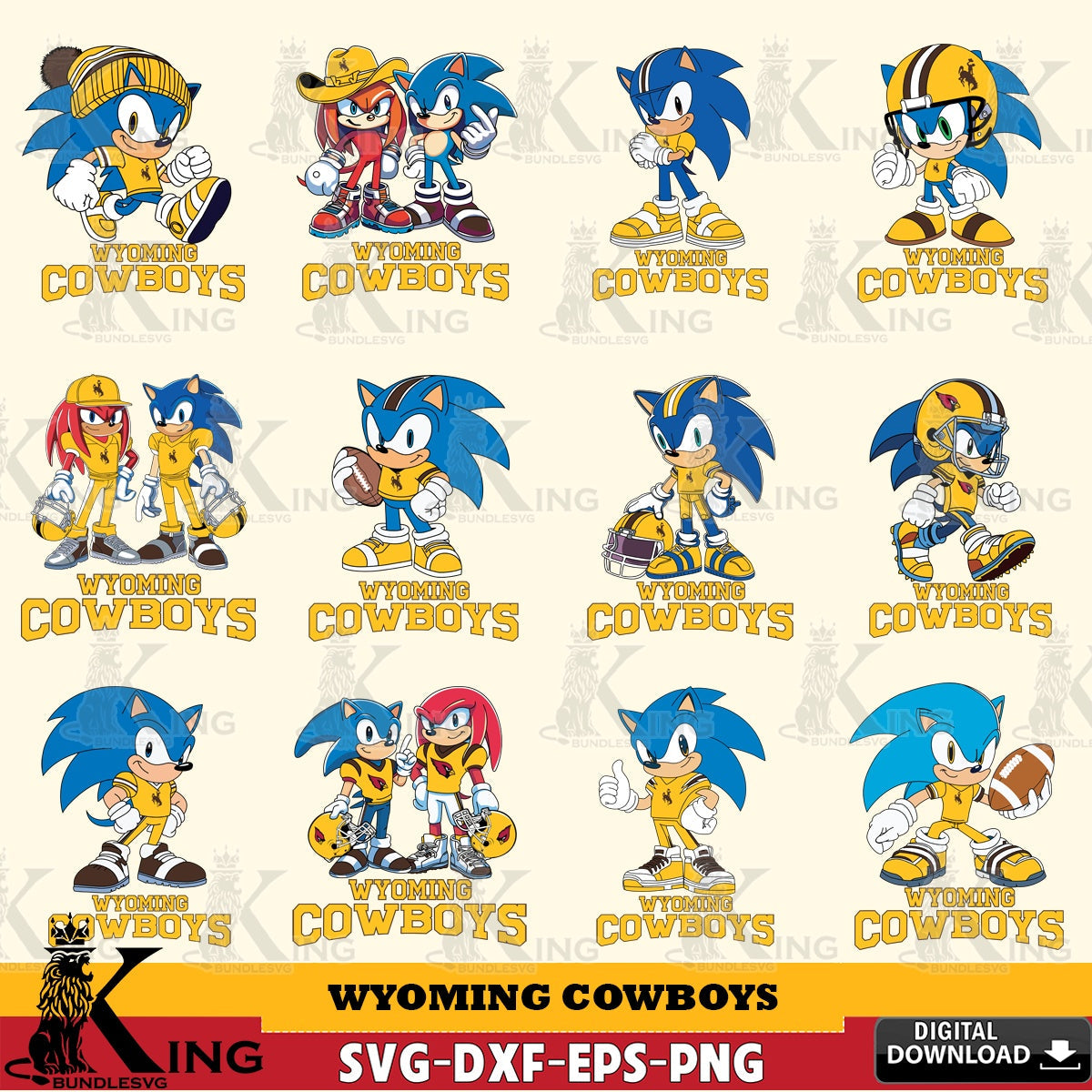 Jumbo collection of Wyoming Cowboys Sonic & Knuckles NCAA Football Bundle, versatile clip art for stickers, decals, and mugs.