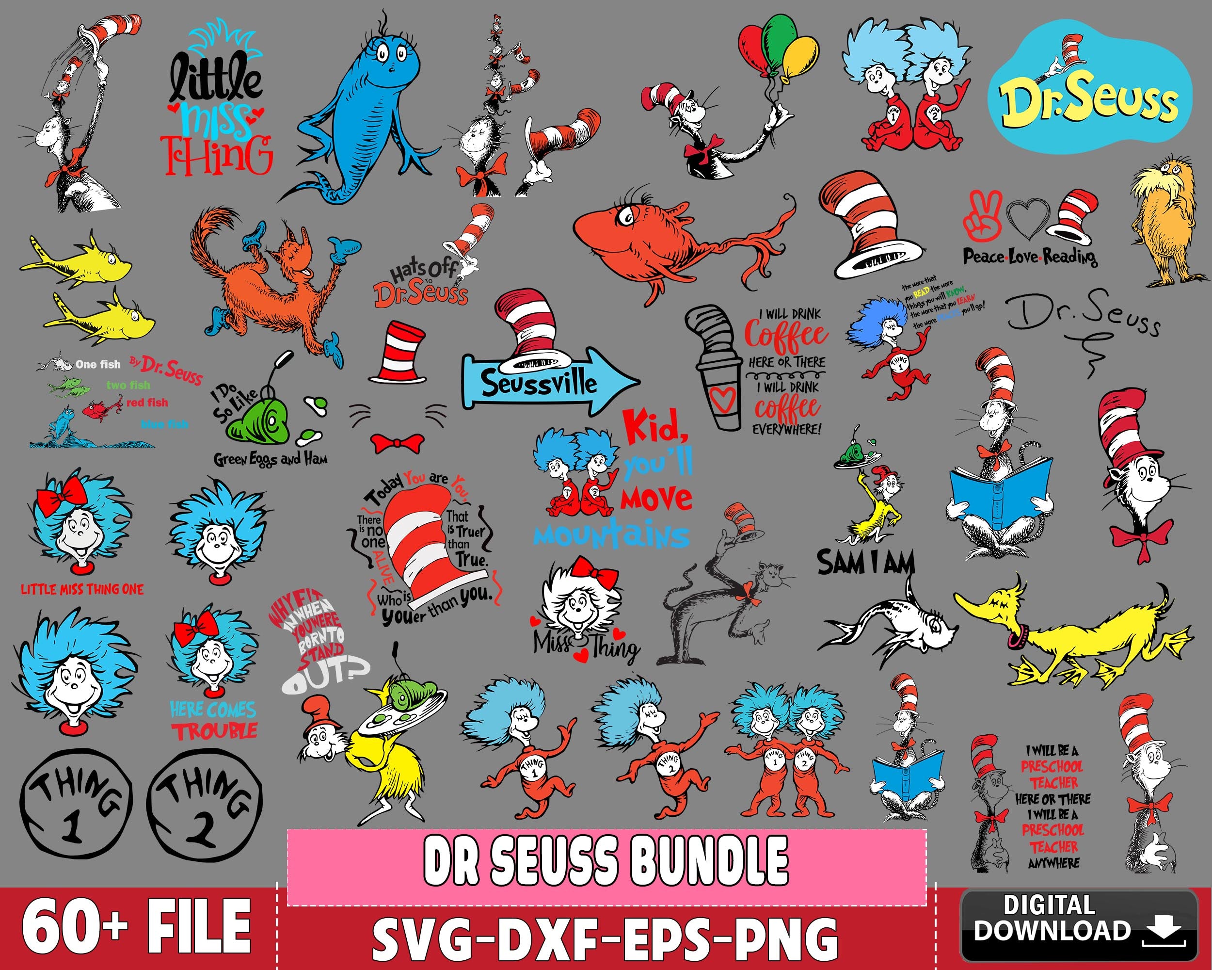 Dr Seuss Bundle svg, 60+ files Dr Seuss svg dxf eps png, for Cricut, S ...