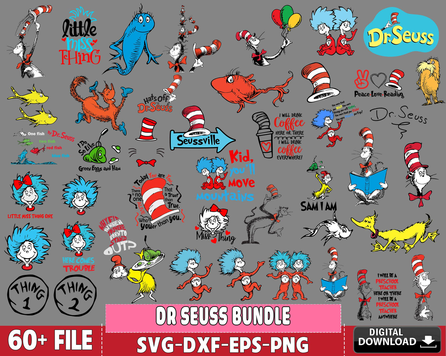 Dr Seuss Bundle svg, 60+ files Dr Seuss svg dxf eps png, for