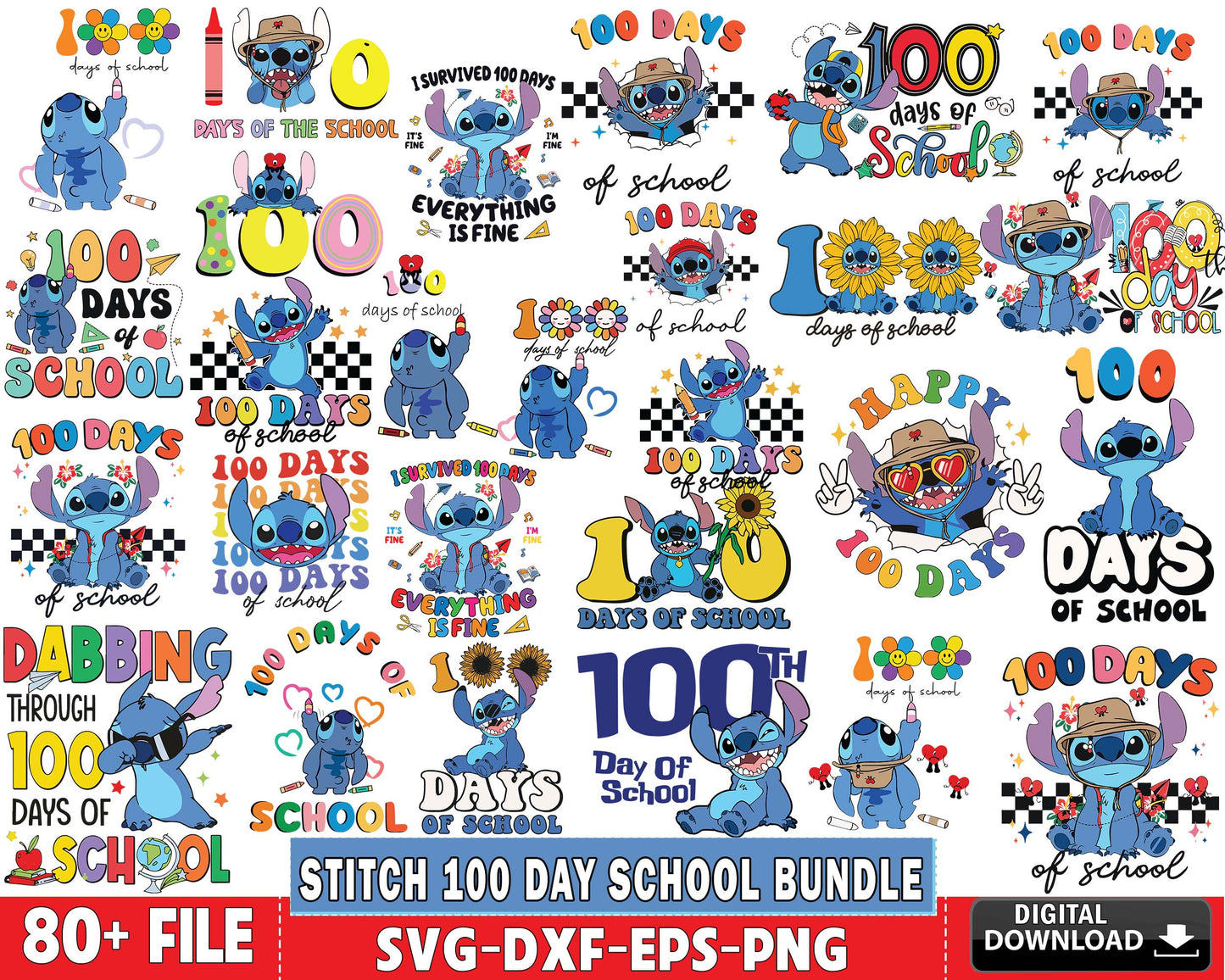 80+ file stitch 100 day school bundle svg, 100 day school SVG EPS PNG DXF , for Cricut, Silhouette, digital download, file cut