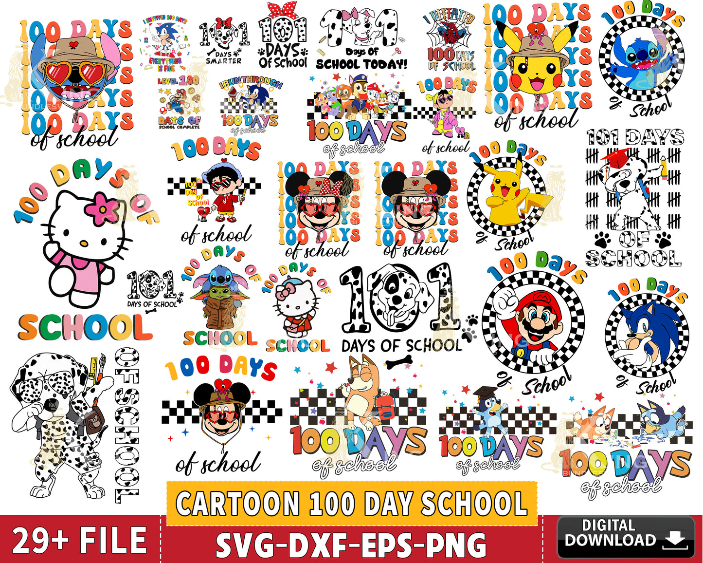 Cartoon 100 day school bundle svg, cartoon bundle SVG EPS PNG DXF , for Cricut, Silhouette, digital download, file cut