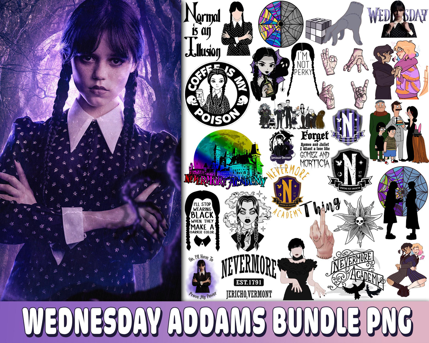 Wednesday Addams PNG Bundle - Netflix series bundle PNG - Wednesday Addams  bundle PNG , Silhouette, Digital Download